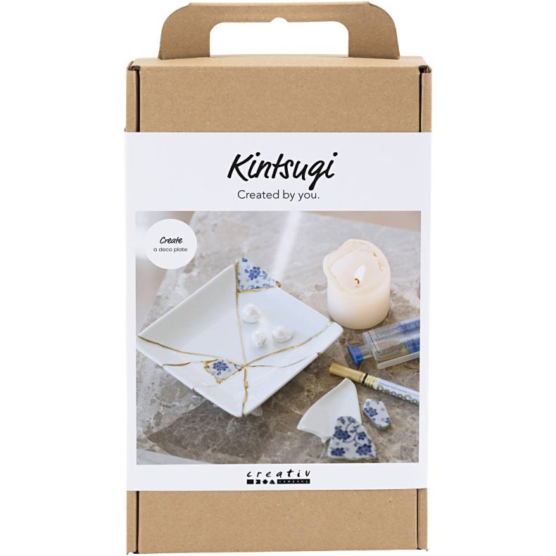 DIY Kit Kintsugi, Fad, bl&aring;, guld, hvid, 1 pk.