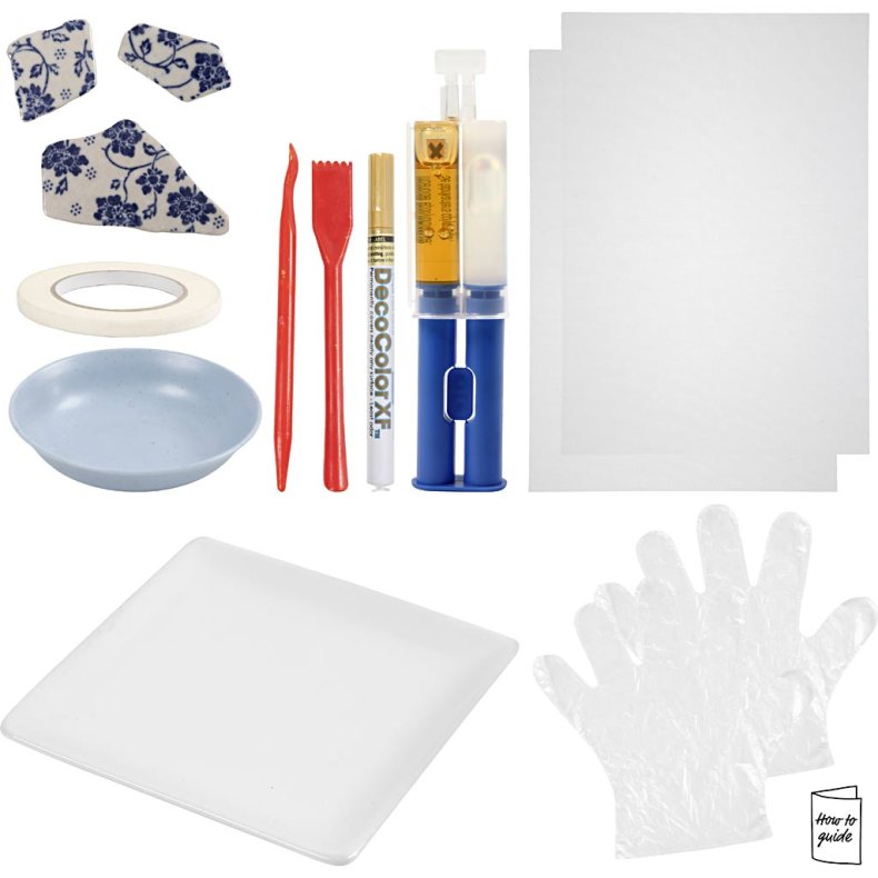 DIY Kit Kintsugi, Fad, bl&aring;, guld, hvid, 1 pk.
