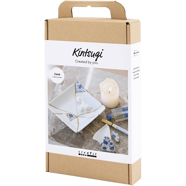 DIY Kit Kintsugi, Fad, bl&aring;, guld, hvid, 1 pk.