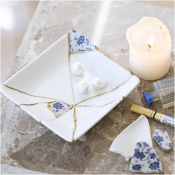 DIY Kit Kintsugi, Fad, bl&aring;, guld, hvid, 1 pk.