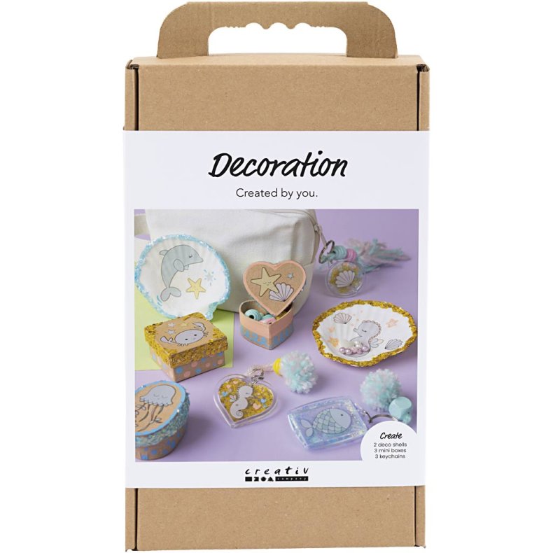 DIY Kit Dekoration, &AElig;sker, muslingeskaller, n&oslash;gleringe, pastelfarver, 1 pk.