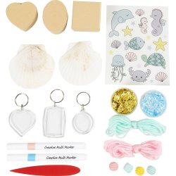DIY Kit Dekoration, &AElig;sker, muslingeskaller, n&oslash;gleringe, pastelfarver, 1 pk.