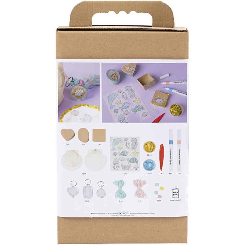 DIY Kit Dekoration, &AElig;sker, muslingeskaller, n&oslash;gleringe, pastelfarver, 1 pk.