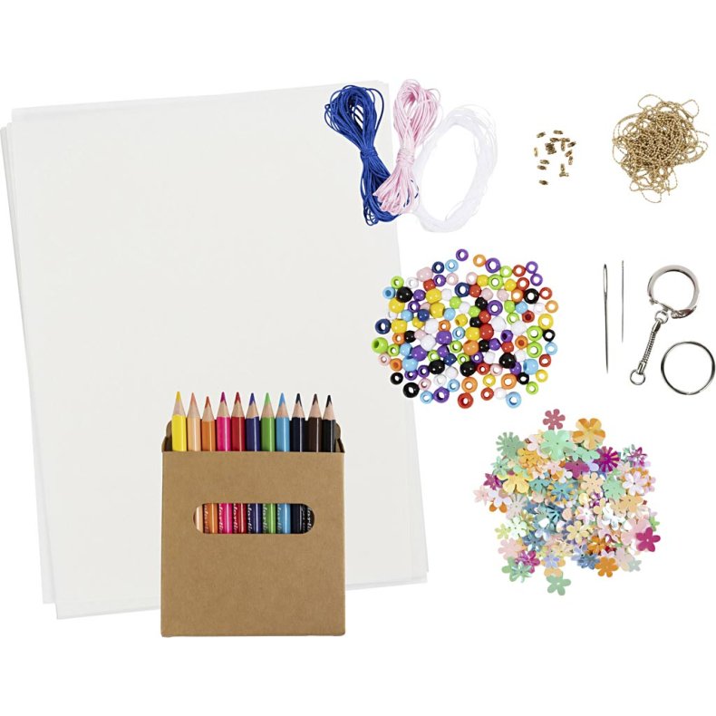 Gruppe DIY Kit Krympeplast, Uro, halsk&aelig;de, armb&aring;nd, n&oslash;gleringe, ass. farver, 1 pk.