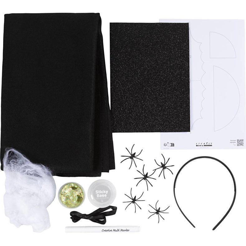 DIY Kit Spooky Udkl&aelig;dning, Flagermuskappe- og h&aring;rb&oslash;jle, sort, sort glitter, 1 pk.