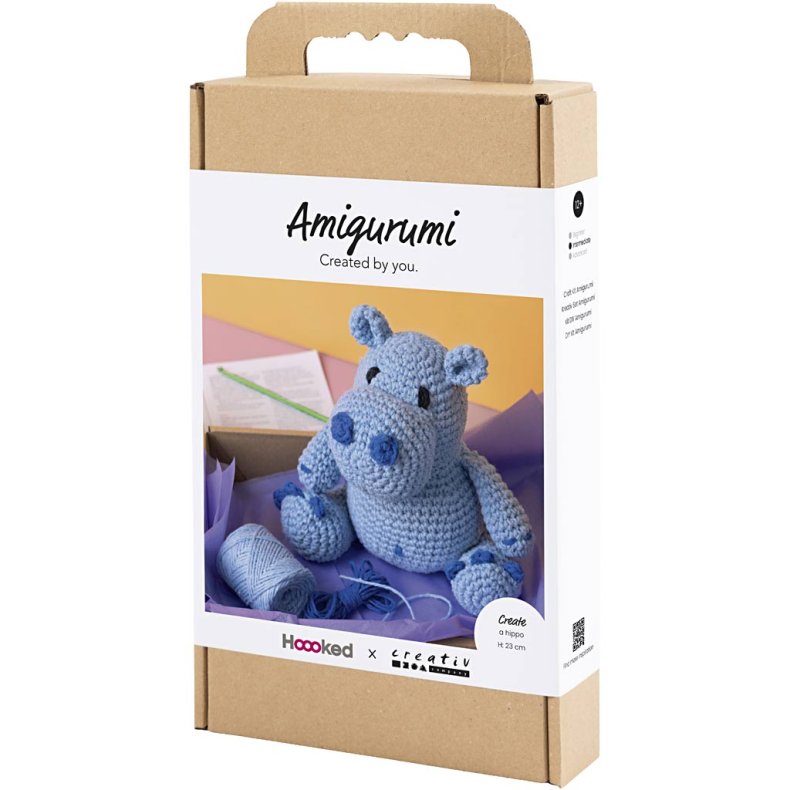 DIY Kit Amigurumi, Flodhest, bl&aring;, lys bl&aring;, 1 pk.