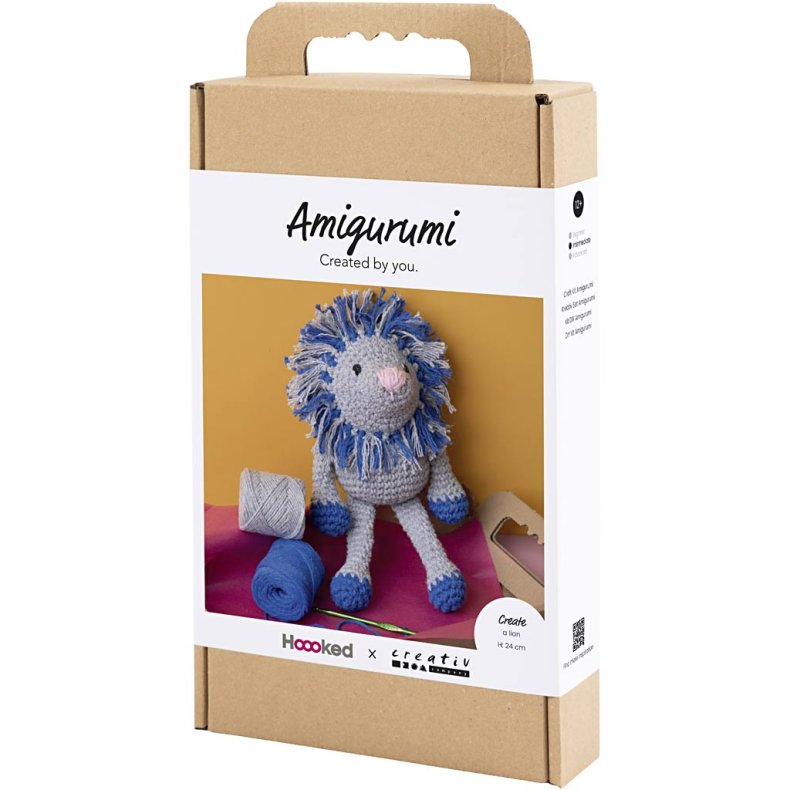 DIY Kit Amigurumi, L&oslash;ve, marinebl&aring;, lys gr&aring;, 1 pk.