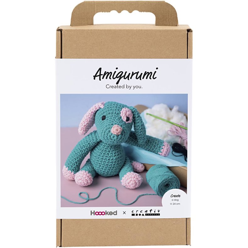 DIY Kit Amigurumi, Hundehvalp, pastelpink, m&oslash;rk turkis, 1 pk.