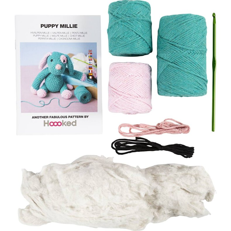 DIY Kit Amigurumi, Hundehvalp, pastelpink, m&oslash;rk turkis, 1 pk.