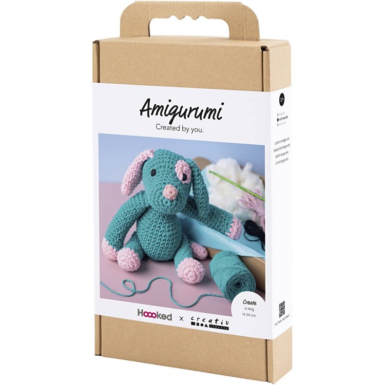 DIY Kit Amigurumi, Hundehvalp, pastelpink, m&oslash;rk turkis, 1 pk.