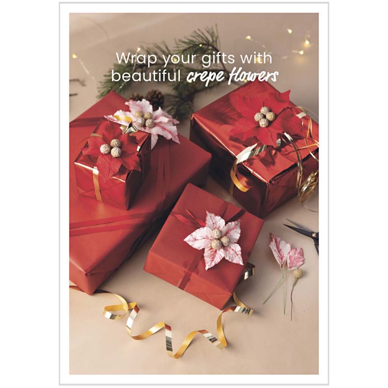Postkort, Gaveindpakning r&oslash;d m/crepeblomst, A5, 14,8x21 cm, 1 stk.
